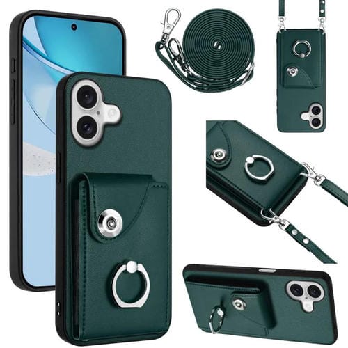 Funda para iPhone 17 con tarjetero, anilla y cordón largo (verde)