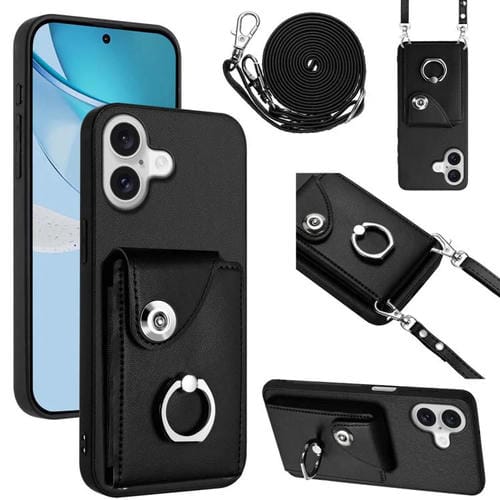 Funda para iPhone 17 con tarjetero, anillo y cordón largo (negro)