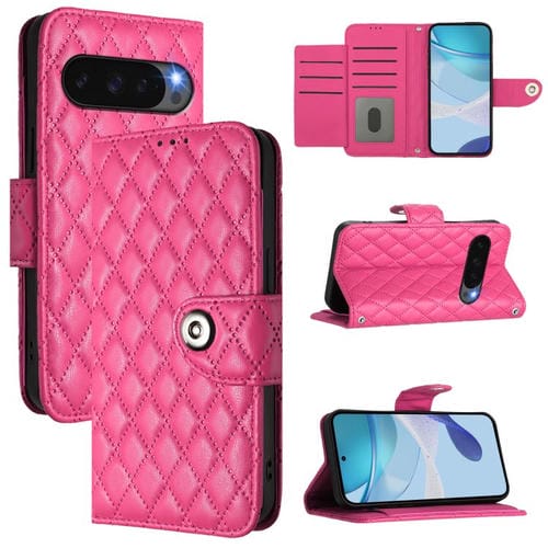 Funda de Cuero con Tapa y Textura Rómbica para Google Pixel 10 Pro XL 5G con Cordón (Rosa y Rojo)