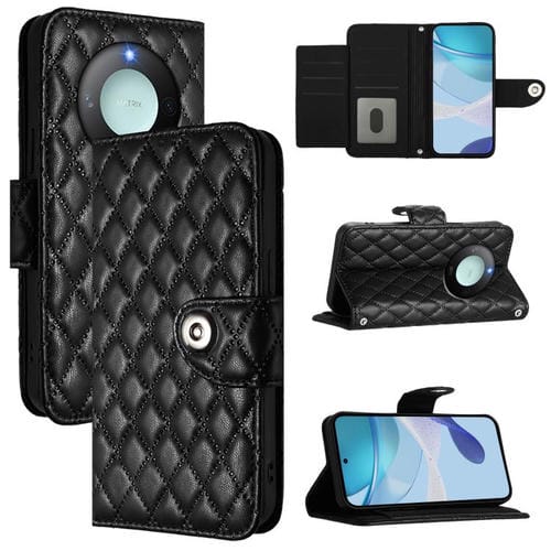 Funda de Cuero con Tapa y Cordón para Honor X9C Smart 5G con Textura Rómbica (Negro)