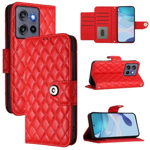 Funda de Cuero con Tapa y Textura Rómbica para Motorola Moto G Stylus 5G (2025) con Cordón (Rojo)