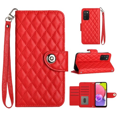 Funda de Cuero para Samsung Galaxy A03S Eu con Tapa Textura RĂłmbica y CordĂłn (Rojo)