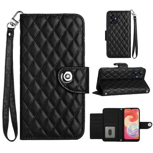 Funda de Cuero para Samsung Galaxy A04E con Tapa Textura RĂłmbica y CordĂłn (Negro)