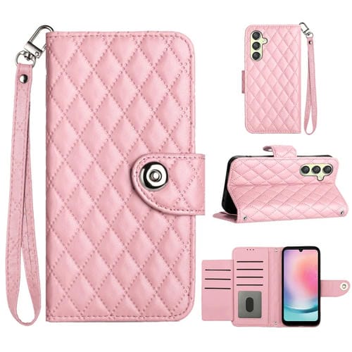 Funda para Samsung Galaxy A14 4G y 5G con Tapa de Cuero Textura RĂłmbica y CordĂłn (Rosa)