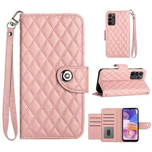 Funda para Teléfono Samsung Galaxy A23 4G F23 5G Cuero Textura Rómbica con Cordón (Rosa Coral)