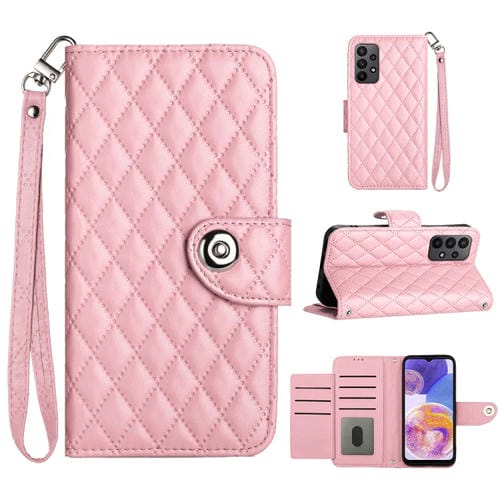 Funda de Cuero para Samsung Galaxy A53 5G con Tapa Textura Romboidal y CordĂłn (Rosa)