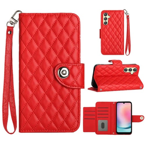 Funda de Cuero para Samsung Galaxy A54 con Tapa Textura RĂłmbica y CordĂłn (Rojo)