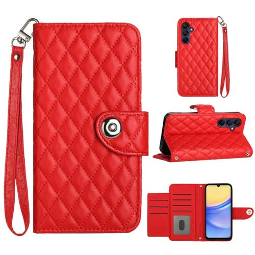 Funda de Cuero para Samsung Galaxy A55 con Tapa Textura Rómbica y Cordón (Rojo)
