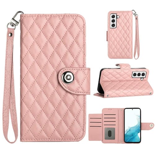 Funda para Teléfono Samsung Galaxy S22+ 5G Tapa Cuero Textura Rómbica Cordón (Rosa Coral)