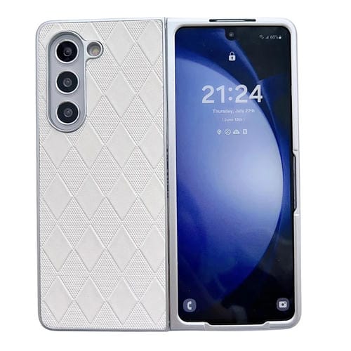 Funda para Teléfono Samsung Galaxy Z Fold5 5G Cuero a Cuadros con Pintura Nacarada y Forma de Diamante (Plata)