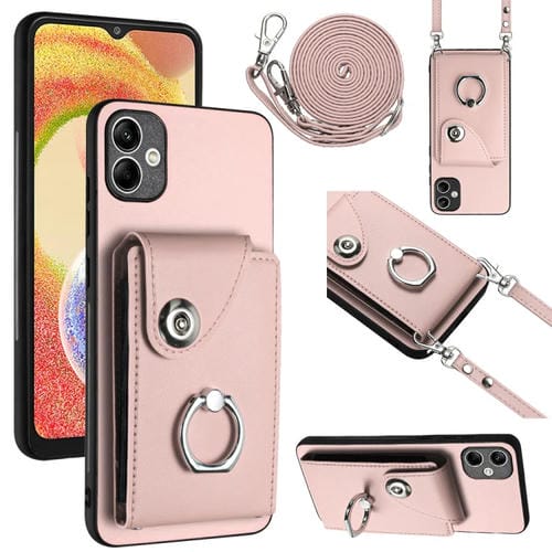 Funda para Teléfono Samsung Galaxy A04E M04 F04 4G con Soporte para Anillo y Bolsa para Tarjeta con Cordón Largo (Rosa)
