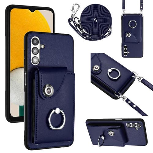 Funda para Teléfono Samsung Galaxy A13 5G / A04S con Soporte para Anillo y Bolsa para Tarjeta con Cordón Largo (Azul)