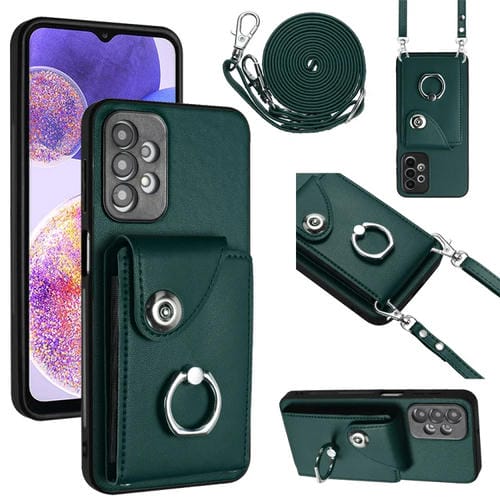 Funda para Teléfono Samsung Galaxy A23 con Soporte para Anillo y Bolsa para Tarjeta con Cordón Largo (Verde)