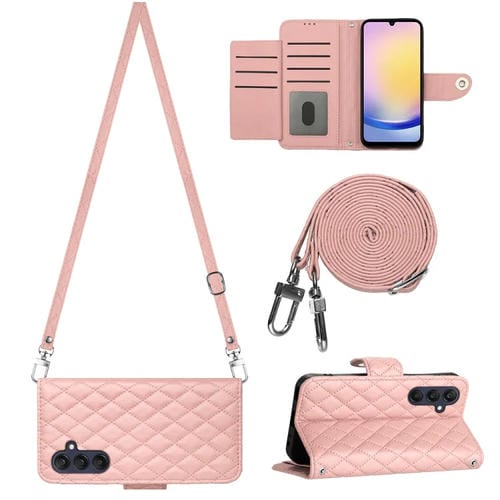 Funda de Cuero Samsung Galaxy A15 5G con Tapa Textura Rómbica y Cordón Largo (Rosa Coral)