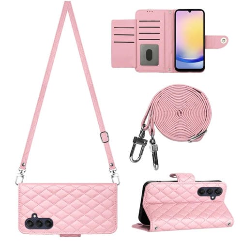 Funda de Cuero para Samsung Galaxy A05S con Tapa Textura Rómbica y Cordón Largo (Rosa)