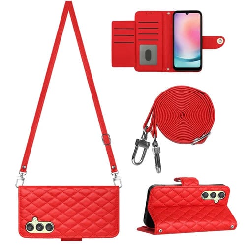 Funda de Cuero Samsung Galaxy A54 con Tapa Textura Rómbica y Cordón Largo (Rojo)