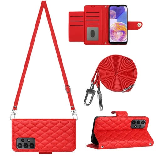 Funda para Teléfono Samsung Galaxy A13 4G y 5G con Tapa de Cuero Textura Rómbica y Cordón Largo (Rojo)