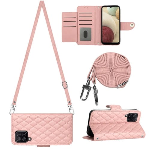Funda de Cuero Samsung Galaxy A12 M12 con Tapa Textura Rómbica y Cordón Largo (Rosa Coral)