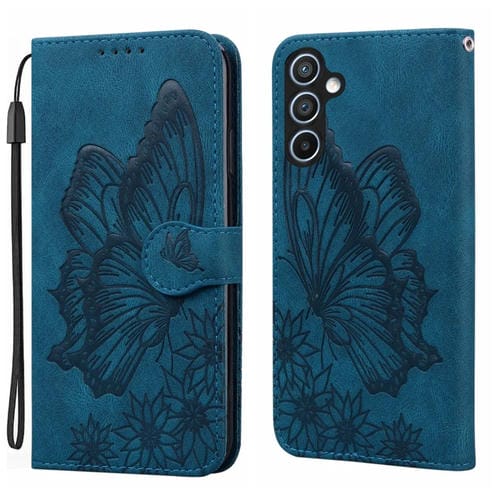 Funda para Teléfono Samsung Galaxy A55 5G Cuero Tapa Horizontal Sensación Piel Retro Estampado Mariposas (Azul)