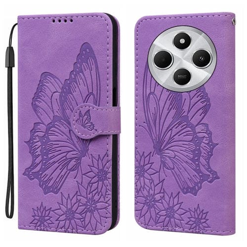 Funda de Cuero con Tapa Horizontal con Diseño de Mariposas En Relieve y Tacto Retro para Redmi A4 5G (Morado)