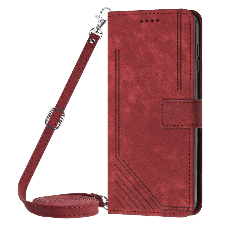 Funda de Cuero con Diseño de Rayas y Tacto de Piel para OnePlus 13 con Cordón (Rojo)