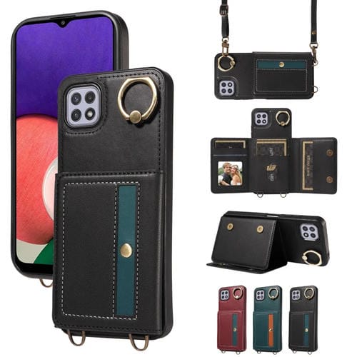 Funda para Samsung Galaxy A22 5G Crossbody Wallet Bag con Ring Holder de Cuero (Negro)
