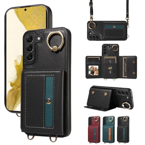 Funda para Samsung Galaxy S22+ 5G Crossbody Wallet Bag Ring Holder de Cuero (Negro)
