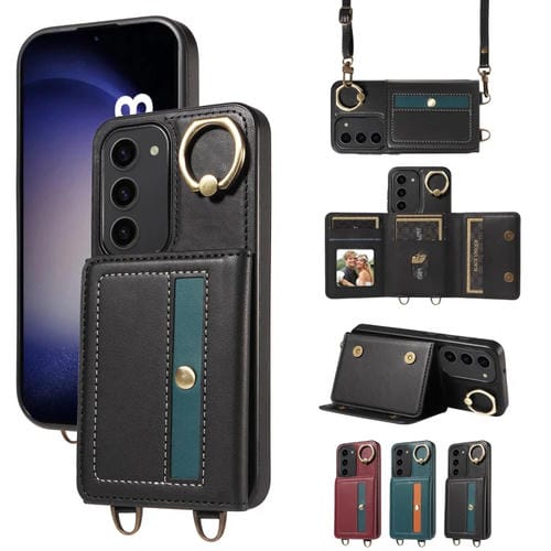 Funda para Samsung Galaxy S23 5G Crossbodys Wallet Bag con Ring Holder de Cuero (Negro)