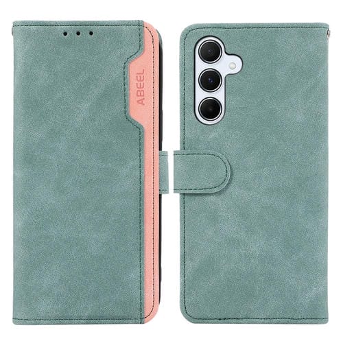 Funda de Cuero Abeel para Samsung Galaxy A34 5G Color Block Magnética Rfid (Cian-Rosa)