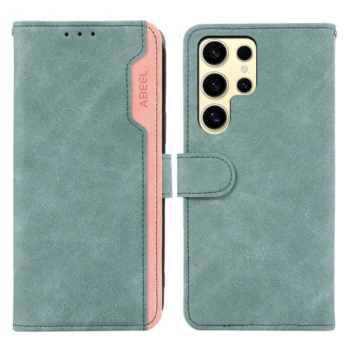Funda de Cuero Abeel para Samsung Galaxy S21 Ultra 5G Color Block Magnética Rfid (Cian-Rosa)