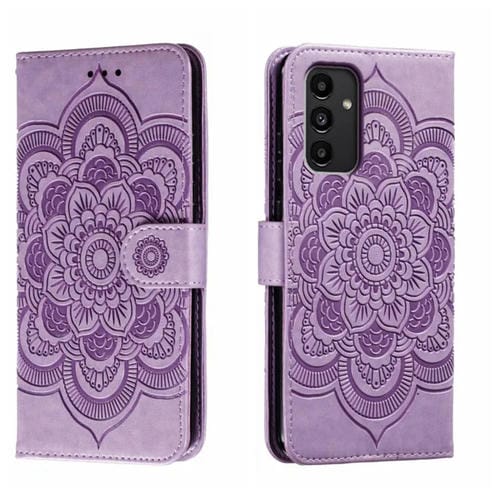 Funda de Cuero Samsung Galaxy A13 5G Sun Mandala con Patrón en Relieve (Púrpura)