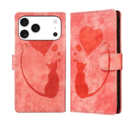 Funda de cuero con relieve de gato y corazón para iPhone 17 Pro Max (naranja)