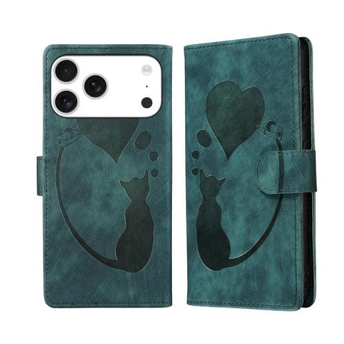 Funda de cuero con relieve de gato y corazón para iPhone 17 Pro (verde)