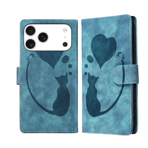 Funda de cuero con relieve de gato y corazón para iPhone 17 Pro (azul)