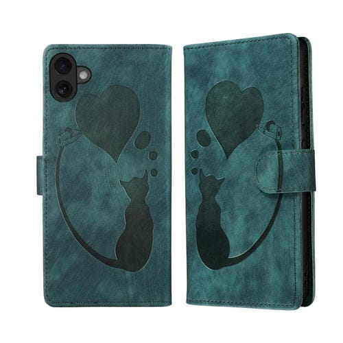 Funda de piel con relieve de gato y corazón para iPhone 17 (verde)