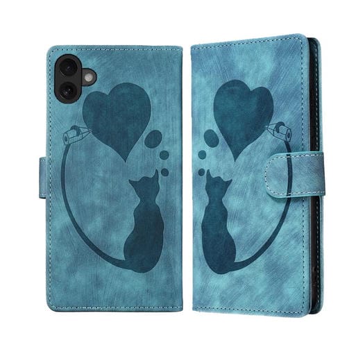 Funda de piel con relieve de gato y corazón para iPhone 17 (azul)