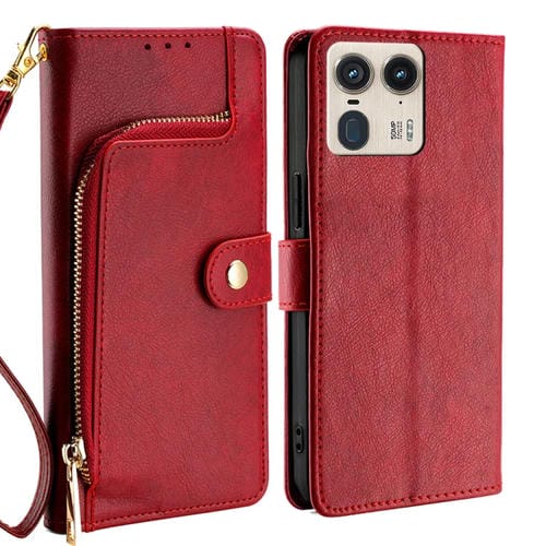 Funda de Cuero con Cremallera para Motorola Edge 50 Ultra (Rojo)