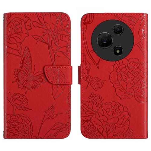 Funda de cuero con tapa y diseño de mariposas en relieve para TCL 60 SE / 605 HT03 (roja)