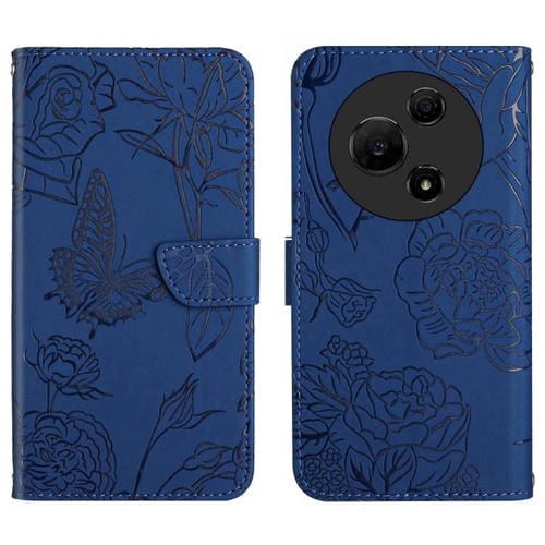 Funda de cuero con tapa y diseño de mariposas en relieve para TCL 60 SE / 605 HT03 (azul)