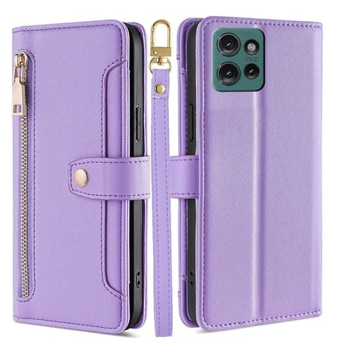 Funda Cuero Tipo Billetera con Cremallera Textura Oveja para Motorola Edge 50 5G (Morado)