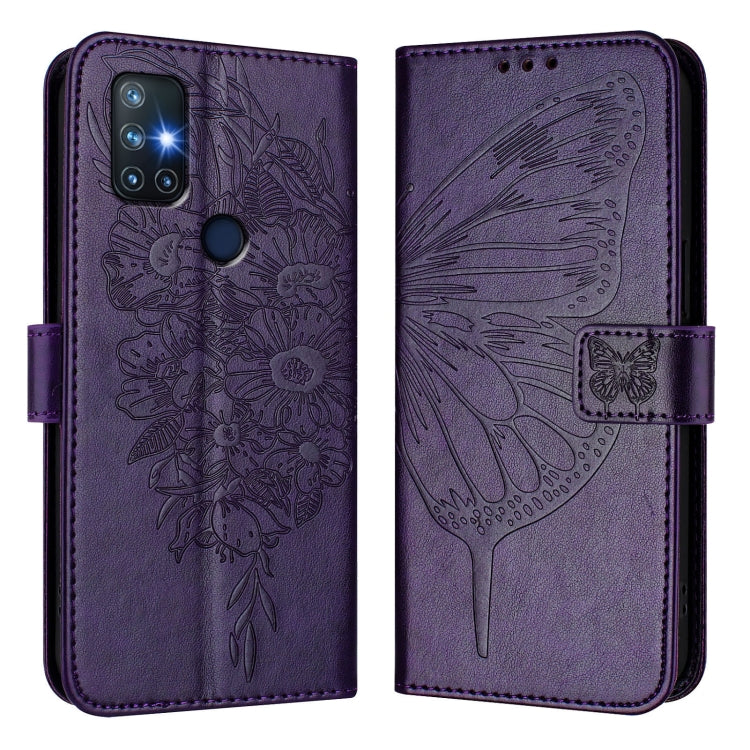 Funda de Cuero OnePlus Nord N10 5G con Diseño de Mariposa En Relieve (Morado Oscuro)