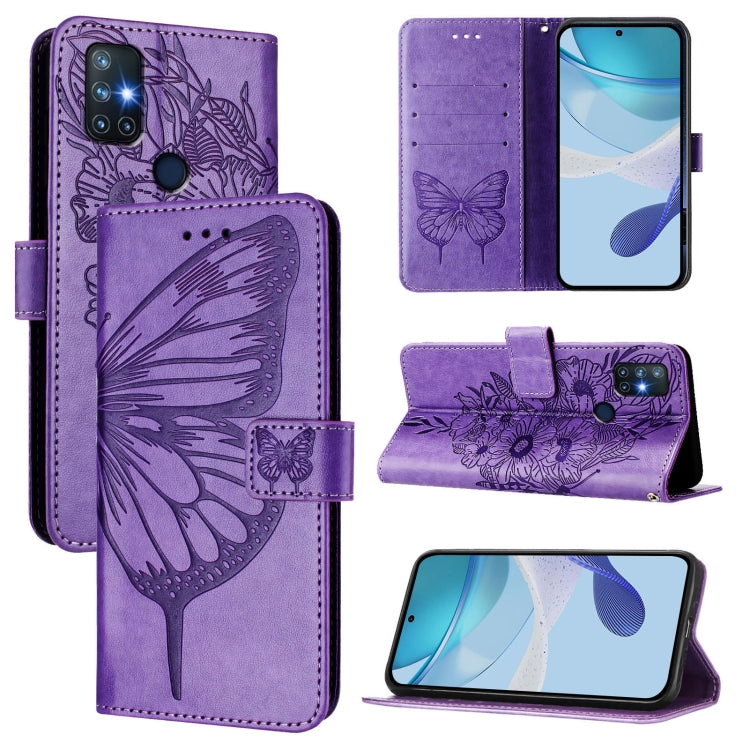 Funda de Cuero para OnePlus Nord N10 5G con Diseño de Mariposa en Relieve (Morado Claro)