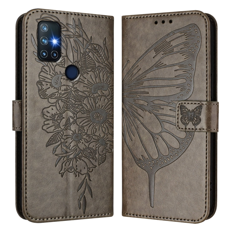 Funda de Cuero para OnePlus Nord N10 5G con Diseño de Mariposa en Relieve (Gris)