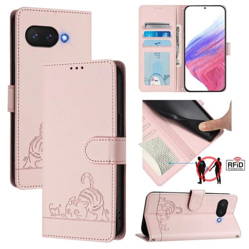Funda de Cuero Rfid para Google Pixel 9A con Estampado de Rata y Gato en Relieve y Cordón (Rosa)