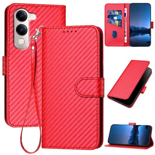 Funda de Cuero con Hebilla de Fibra de Carbono y Cordón para Vivo Y29S 5G / Y04 4G Global Yx0070 (Roja)