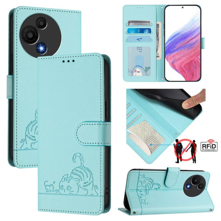 Funda de cuero RFID con estampado de gato y rata para TCL 60 SE NxtPaper/605 con cordón (verde menta)