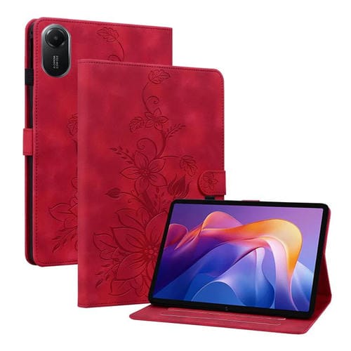 Funda de piel con relieve Lily para Redmi Pad 2 / Redmi Pad SE 11 2025 (roja)