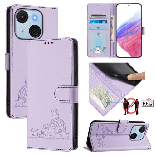 Funda de Cuero Rfid para Teléfono Itel A50C con Estampado de Rata y Gato y Cordón (Morado)