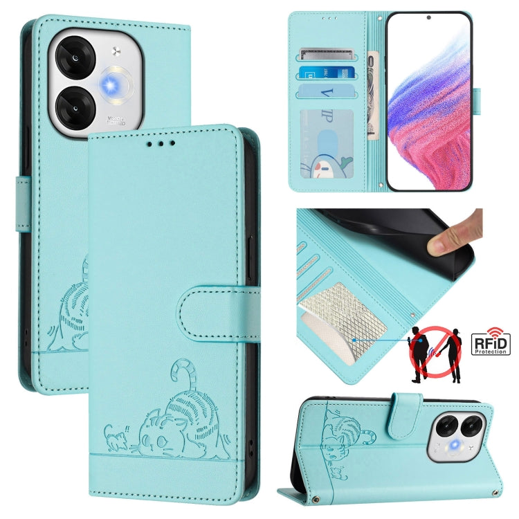 Funda de Cuero Rfid para Teléfono Itel A80 4G con Cordón Estampado Rata y Gato (Verde Menta)