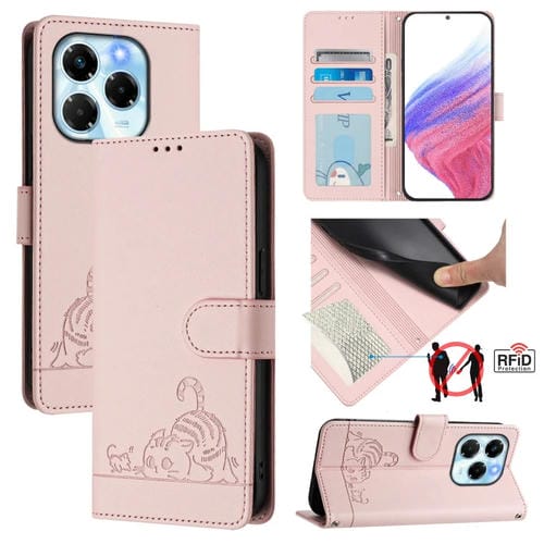 Funda de Cuero Rfid para Infinix Note 40X 5G con Estampado de Rata y Gato y Cordón (Rosa)